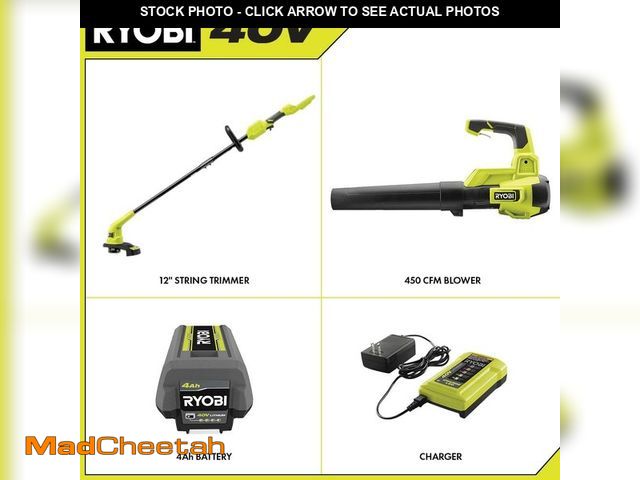 Lot 74-12939940 - RYOBI 40V Cordless Battery 12 in. String Trimmer and 450 CFM 120 MPH Blower Combo Kit 2-Tools with 4...