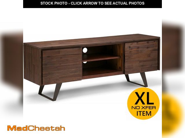 Lot 74-13580804 - SIMPLIHOME Lowry TV Stand - 63 inch Wide Solid Acacia Wood Media Console in Distressed Charcoal Brow...