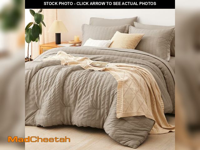 Lot 74-13583062 - CozyLux King Size Comforter Set Khaki Seersucker 7 Pieces Bed in a Bag King Comforter Set with Sheet...