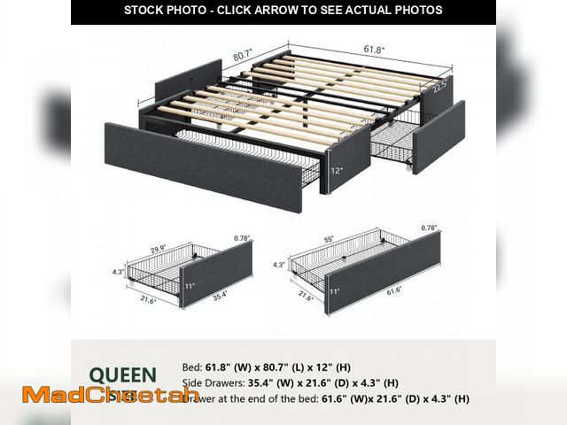 Lot 74-12253342 - Amolife Queen Size Upholstered Platform Bed Frame with 3 Storage Drawers and Wooden Slats, Dark Gray...