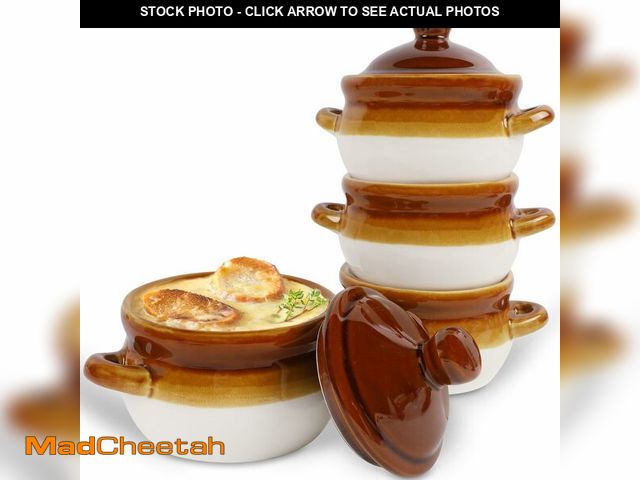 Lot 74-12697855 - Adroiteet Set of 4 French Onion Soup Bowls, 16 Oz Soup Crocks with Handles and Lids, Ceramic Oven Sa...