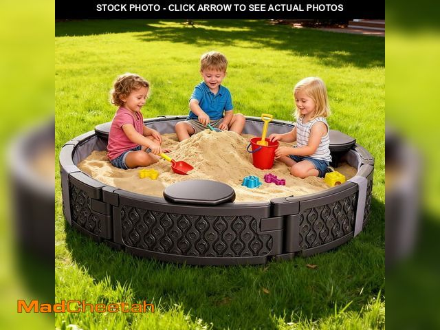 Lot 74-13777783 - FUNTOK 47x47" Sandbox with Cover, Plastic Sand Box for Kids with 3 Removable Seats, Kid Outdoor Sand...