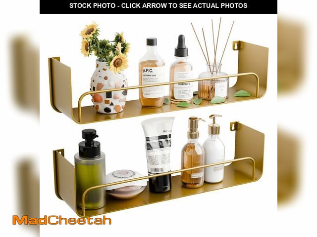 Lot 74-14155155 - YEMNMFH 16 Inch Gold Floating Shelves Set of 2, Narrow Iron Bathroom Shelves with Guardrail, U-Shape...