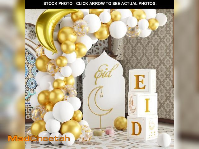 Lot 74-11549319 - Eid Mubarak Decoration for Home 2025 - 89 White Gold Balloon Arch with Eid Mubarak Star Balloons,Sta...