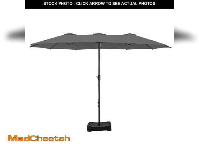 Lot 74-12465306 - PHI VILLA 15 ft. Market Patio Umbrella 2-Side in Gray with Base and Sandbags - UNUSED