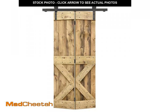 Lot 74-12135427 - 22 in. x 84 in. Mini X Series Weather Oak Stained DIY Wood Bi-Fold Barn Door with Sliding Hardware K...