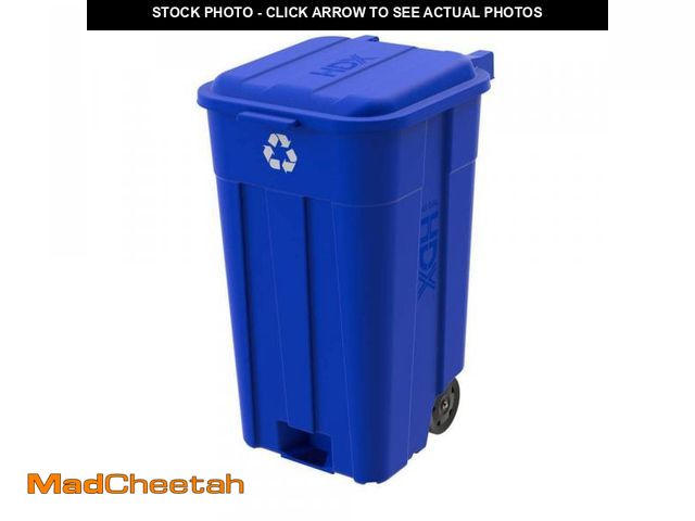 Lot 74-12409414 - HDX 45 gal. Blue Heavy Duty Outdoor Recycling Trash Can with Wheels and Attached Lid - UNUSED
