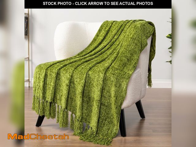 Lot 74-12715850 - PAVILIA Olive Green Chenille Throw Blanket for Couch Sofa, Soft Olive Knit Throw with Tassel, Decora...