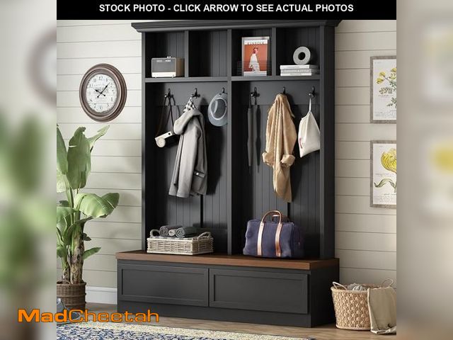 Lot 74-12493524 - Merax Farmhouse Wood Hall Tree with Bench and Storage Drawers, 4-in-1 Coat Rack with 6 Hooks for Ent...