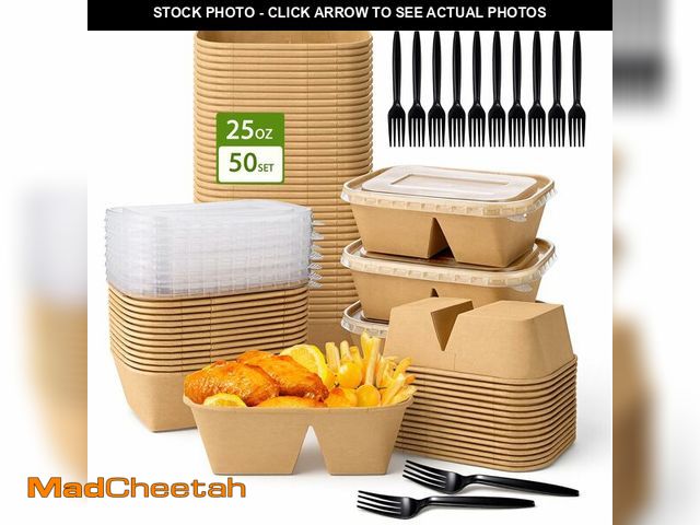 Lot 74-14333133 - DI QIU REN 50-Pack 25oz Disposable Kraft Paper Bowls 2-CompartmentÃ£â¬Âwith Lids and ForksÃ£â¬â...