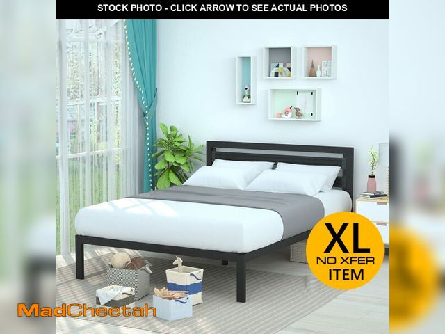 Lot 74-12786151 - Basics Industrial Metal Bed Frame with Headboard and Wood Slats, 14 Inches High, Queen, Black - UNUS...