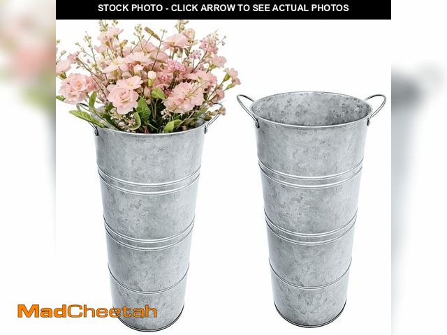 Lot 74-14205031 - 15 Inch Galvanized Metal Flower Buckets, Set of 2 - Rustic Tin Vases with Handles for Farmhouse &amp...