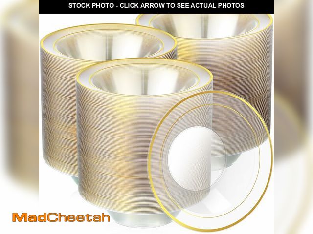 Lot 74-13720290 - Tanlade 100 Pcs Plastic Bowls with Gold Rim 12 oz Disposable Soup Bowls Elegant Party Dessert Dispos...