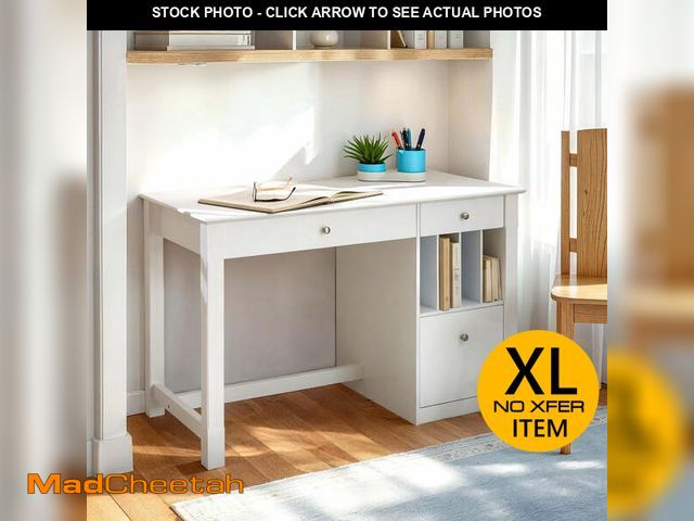 Lot 74-13775533 - Walker Edison Modern Wood Computer Desk with Keyboard Tray and Drawers, White - UNUSED