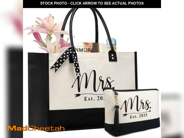 Lot 74-12111963 - BeeGreen Mrs 2025 Canvas Tote Bag for Bride, Bridesmaid, Bachelorette &amp; Engagement Gifts w Leath...