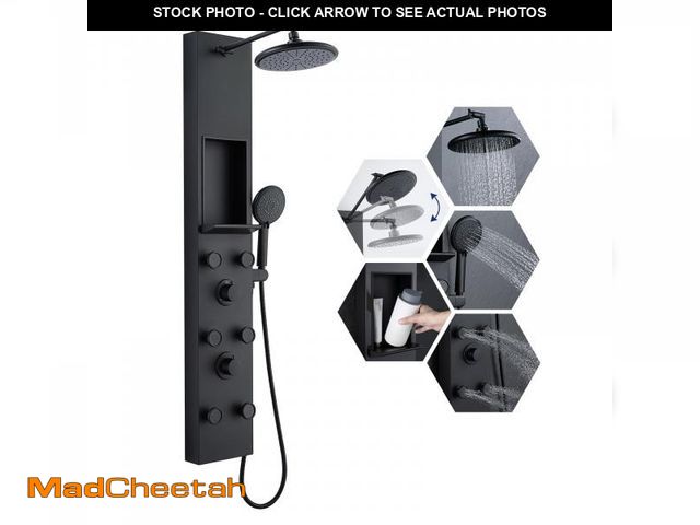 Lot 74-12235479 - ROVATE Shower Panel Tower System with Shelf, Adjustable Shower Arm, Matte Black Shower Tower with 6 ...