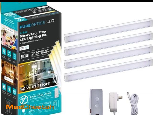 Lot 74-12330831 - PureOptics LED Works with Alexa Smart LED Under Cabinet Lighting Kit, Motion Sensor, Dimmable, 3 Col...