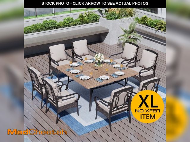 Lot 74-14393744 - 9-Piece Metal Patio Outdoor Dining Set with Wood-Look Square Table and Chairs with Beige Cushions - ...