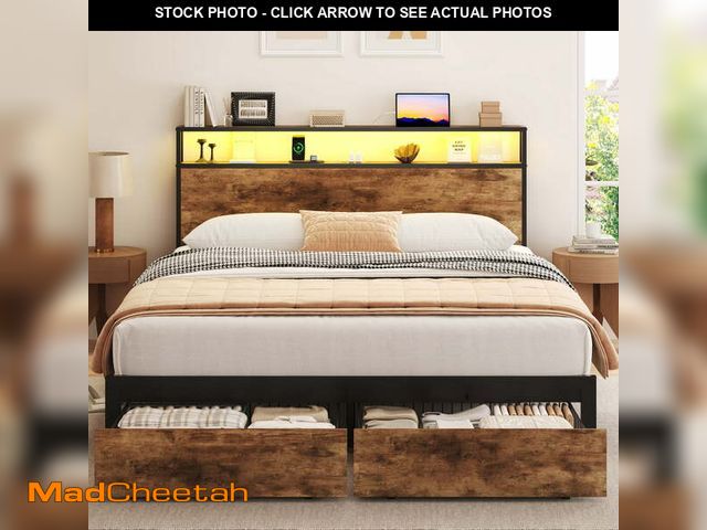 Lot 74-14288361 - Lifezone Queen Bed Frame with 2-Tier Storage Headboard, Metal Bed Frame with Storage Drawers &amp; B...