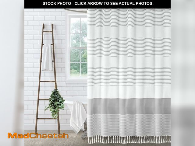 Lot 74-14215404 - XOGUIBO Farmhouse Grey Shower Curtain Cotton Striped Shower Curtains for Bathroom with Tassel 72 X 7...
