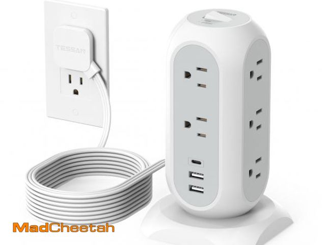 Lot 74-11557250 - Surge Protector Power Strip Tower 10 Ft, TESSAN Flat Plug Extension Cord with 11 AC Outlets 3 USB Po...