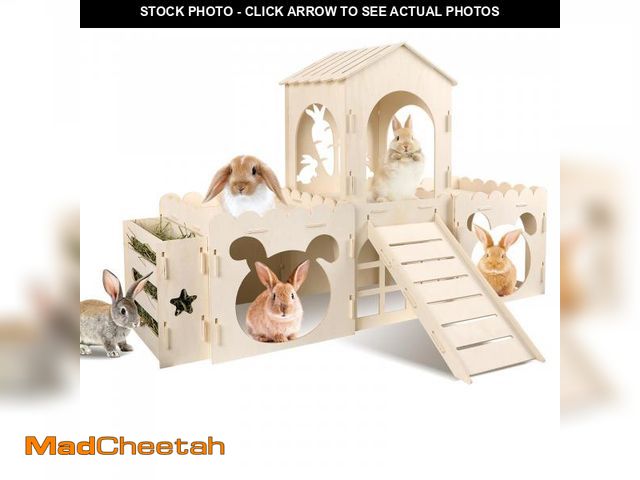 Lot 74-11552563 - Large Rabbit Hideout Bunny Castle, Wooden Bunny House &amp; Hay Feeder, Detachable Rabbit Hideaway, ...