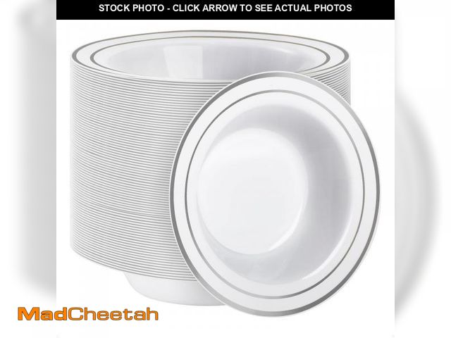 Lot 74-11550590 - Goodluck 100 Pack Plastic Bowls with Silver Rim, 12oz Disposable Soup Bowls, Heavy Duty Dessert Bowl...