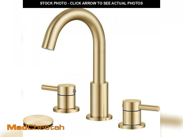Lot 74-12364917 - AKLFGN 8 in. Widespread 2-Handle Low Arc Bathroom Faucet with Pop drain in Brushed Gold - UNUSED