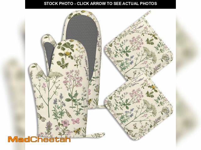 Lot 74-14215170 - Wildflower Herbs Pot Holders and Oven Mitts Set Silicone Vintage Floral Butterfly Kitchen Gloves Pot...