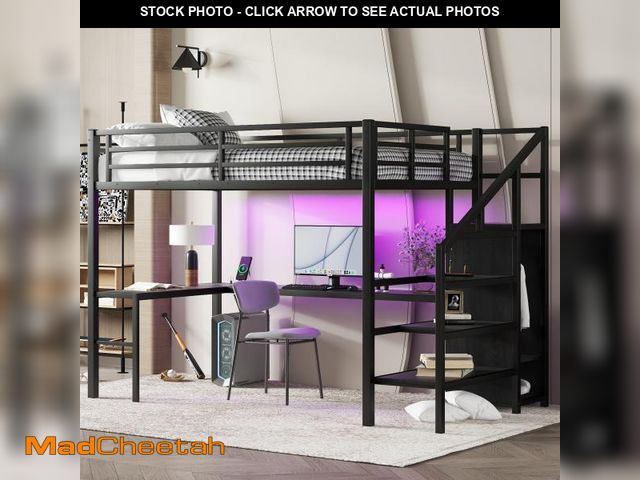 Lot 74-12516389 - Full Size Metal Loft Bed with Desk and Wardrobe,Heavy Duty Loft Bed Frame with Storage Stairs and LE...
