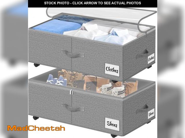 Lot 74-12322468 - 2 Pack Under Bed Storage with Wheels 10" Height, Rolling Storage Bins XXL 60L, Underbed Shoe Storage...
