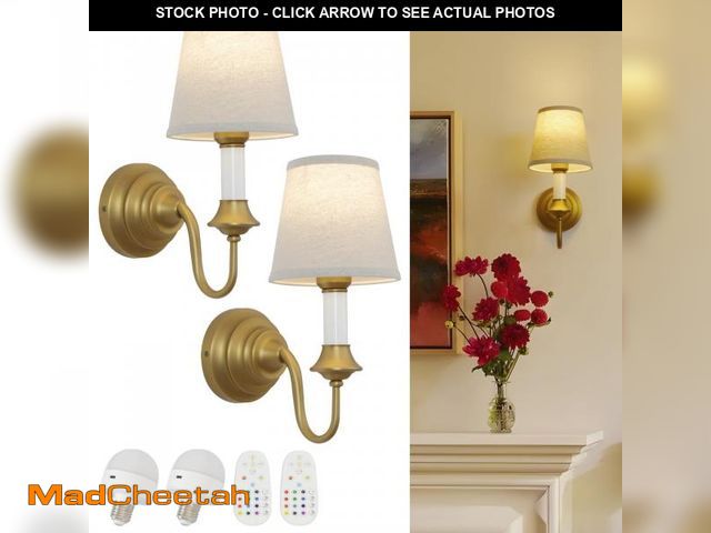 Lot 74-12443161 - Teqinchy Vintage Battery Operated Wall Sconces Set of 2,Brass Gold Fabric Sconce Light with Linen Cl...
