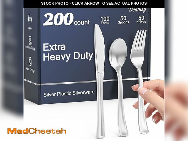 Lot 74-14283789 - Dealusy 200 Count Heavy Duty Silver Plastic Silverware, 100 Forks, 50 Spoons, 50 Knives, BPA-Free, H...