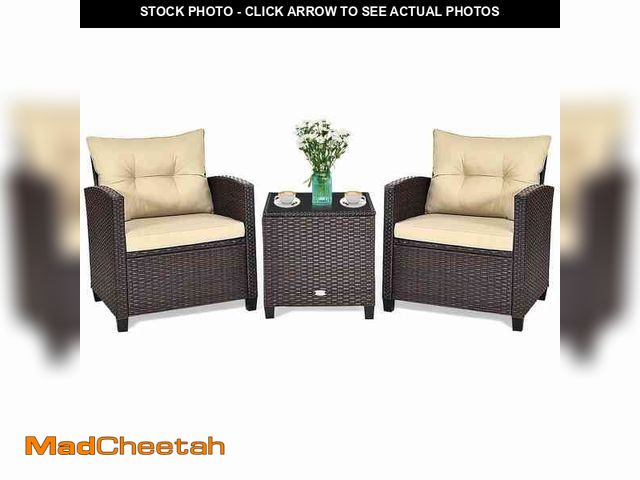 Lot 74-12888229 - Gtnali Outdoor 3-Piece Wicker Patio Conversation Set with Glass Top Coffee Table and Beige Cushion -...