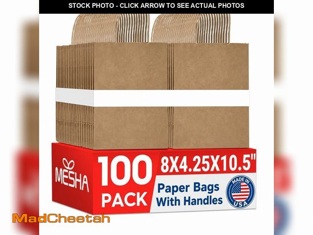 Lot 74-14211258 - MESHA Brown Paper Bags with Handles, 100 Pack, 8 x 4.25 x 10.5 Inch Kraft Gift Bags Bulk, Recycled M...