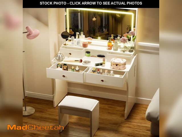 Lot 74-12572012 - COMHOMA Makeup Vanity Desk with Mirror and Lights, Vanity Table and Chair Set with 5 Drawers and Cha...