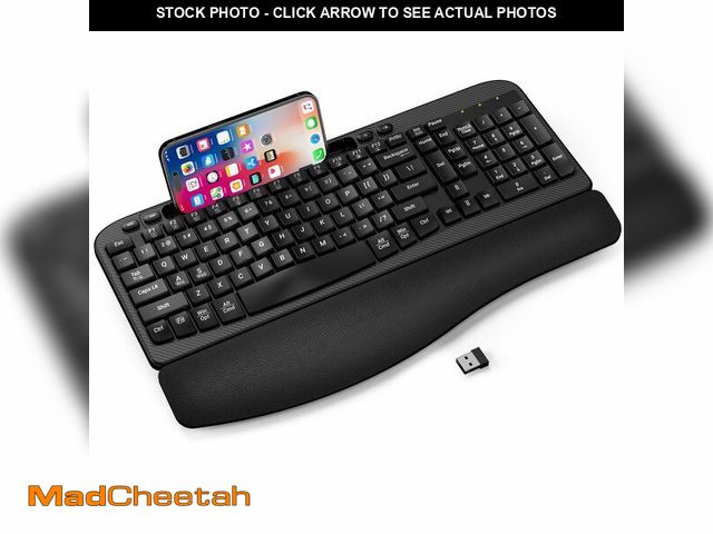 Lot 74-12971759 - Ergonomic Wireless Keyboard with Cushioned Wrist Rest, Wave Keys, Phone Holder, Comfortable Natural ...