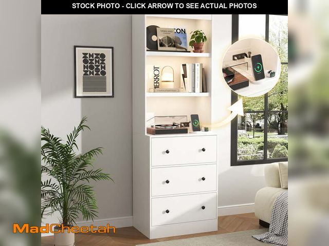 Lot 74-14072061 - IDEALSOUL 71â Tall Bookshelf with Drawers, White Wooden Bookcase with Charging Station &amp; LED L...