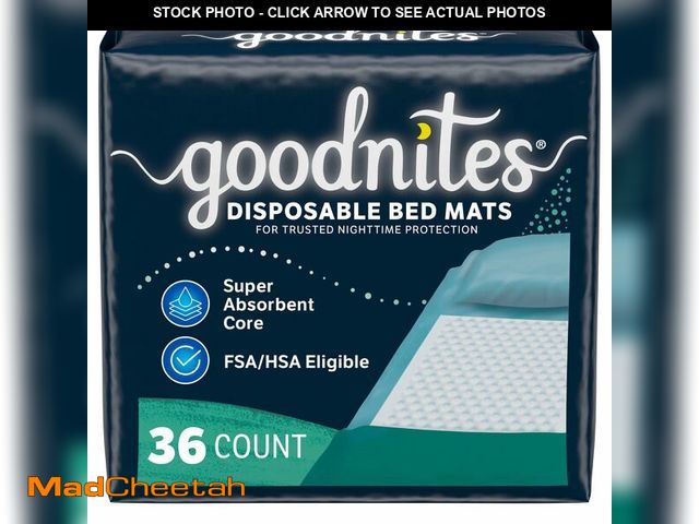 Lot 74-14334590 - Goodnites Disposable Bed Pads/Bed Mats for Bedwetting, 2.4 x 2.8 ft, 36 Ct (4 Packs of 9) - UNUSED