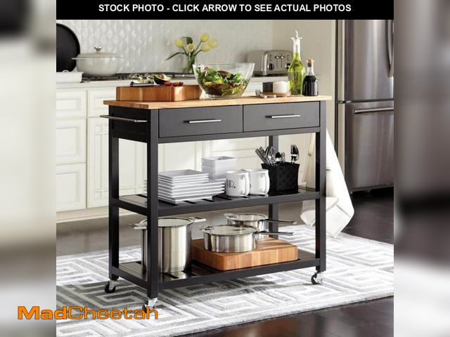 Lot 74-12519745 - StyleWell Glenville Black Rolling Kitchen Cart with Butcher Block Top, Double-Drawer Storage, and Op...