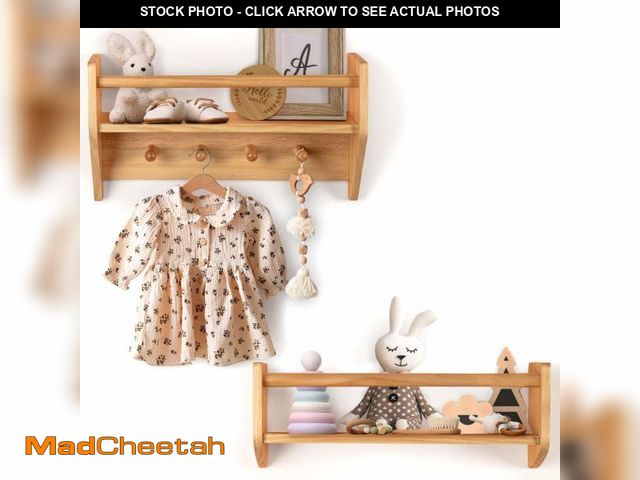 Lot 74-12112096 - BINGY Nursery Book Shelves - Set of 2 Wall Shelves with Hooks for Clothes - 2-Tier Nursery Bookshelv...