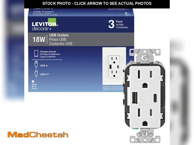 Lot 74-12776625 - Leviton Decora White 15 Amp Tamper Resistant Duplex Outlet with USB Charger Type A/C 3.6 Amp 18-Watt...