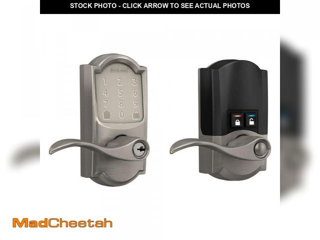 Lot 74-10163190 - Schlage Camelot Satin Nickel Electronic Encode Smart WiFi Accent Lever with Alarm - UNUSED