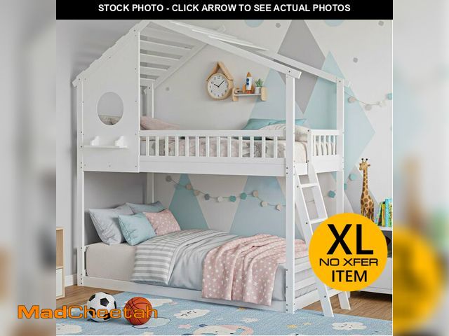 Lot 74-14614501 - DUMOS Wood Twin Over Twin House Bunk Bed, Loft Beds with Ladder, Safety Guardrail, Wooden Slats &amp...
