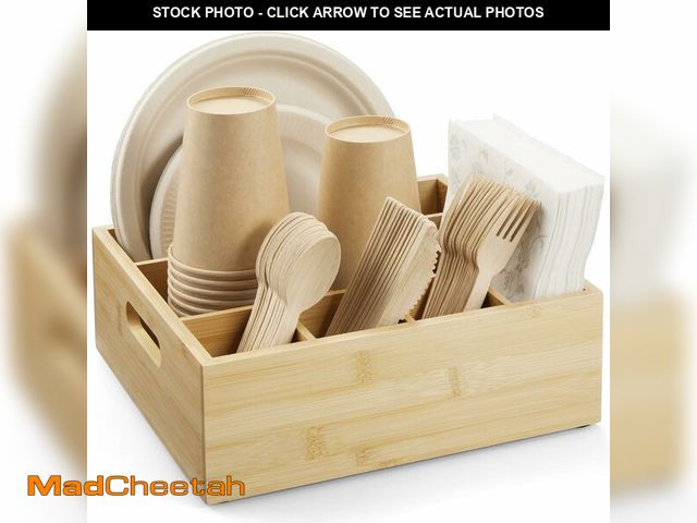 Lot 74-14147733 - GCWSTJK Bamboo Utensil Holder for Party, 6-Compartment Paper Plate and Silverware Organizer with Han...
