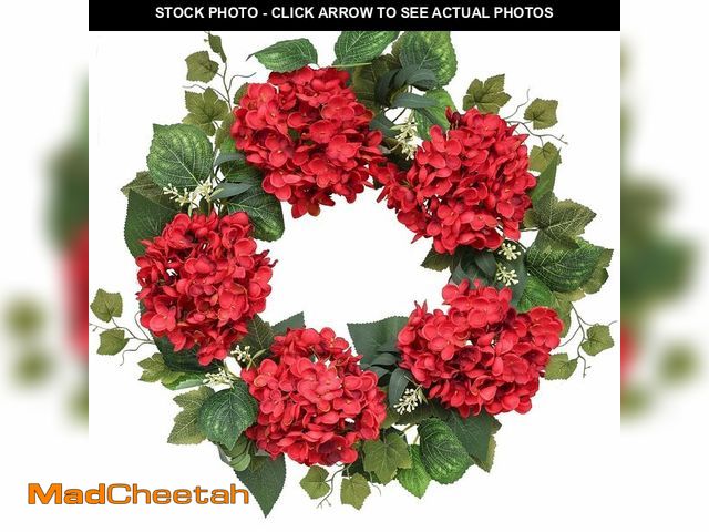 Lot 74-14209627 - Hometrance Burgundy Hydrangea Spring Wreath for Front Door, 18 Inch Outdoor Red Summer Wreath for We...