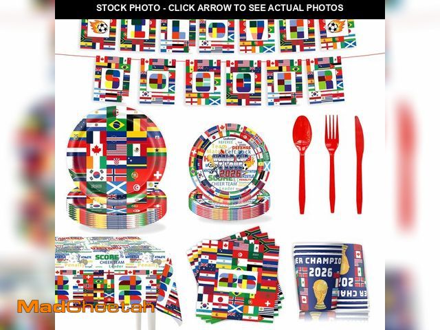Lot 74-14472599 - 96PCS World Soccer Cup Party Supplies Set Ã¢â¬â International Flags Plates, Napkins, Cups, Banner...