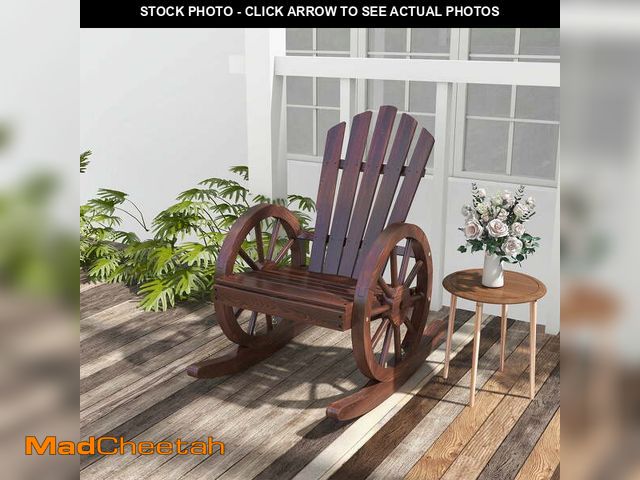Lot 74-13780153 - Kinbor Wooden Wagon Wheel Rocking Chair, Outdoor Rocking Chair with Slatted Back and Wheel Armrests,...