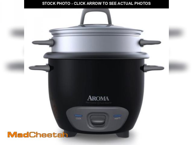 Lot 74-12365715 - Aroma Housewares 6-Cup (Cooked) Pot-Style Rice Cooker and Food Steamer, Black ARC-743-1NGB - UNUSED
