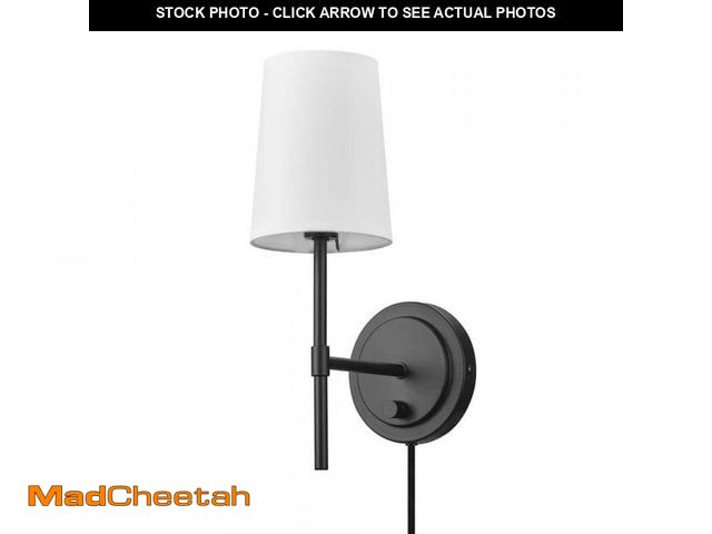Lot 74-12491971 - Hampton Bay Byrson 6 in. 1-Light Matte Black Wall Sconce Light with Plug-In/Hardwire White Fabric Sh...